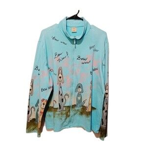 Jess & Jane Puppy Dog Bow Wow Rhinestones Bling Blue Zip Up Jacket Large